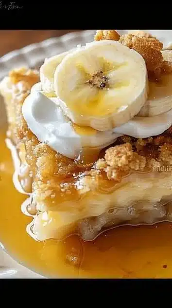 Delicious Southern Banana Cobbler dessert served warm with ice cream.