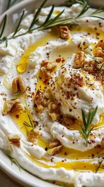 Spicy Ricotta Dip with Hot Honey served in a bowl, garnished with herbs and chili flakes