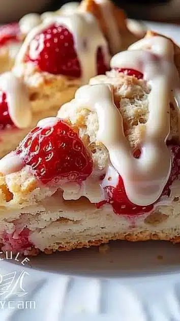 Freshly baked strawberries and cream scones on a plate