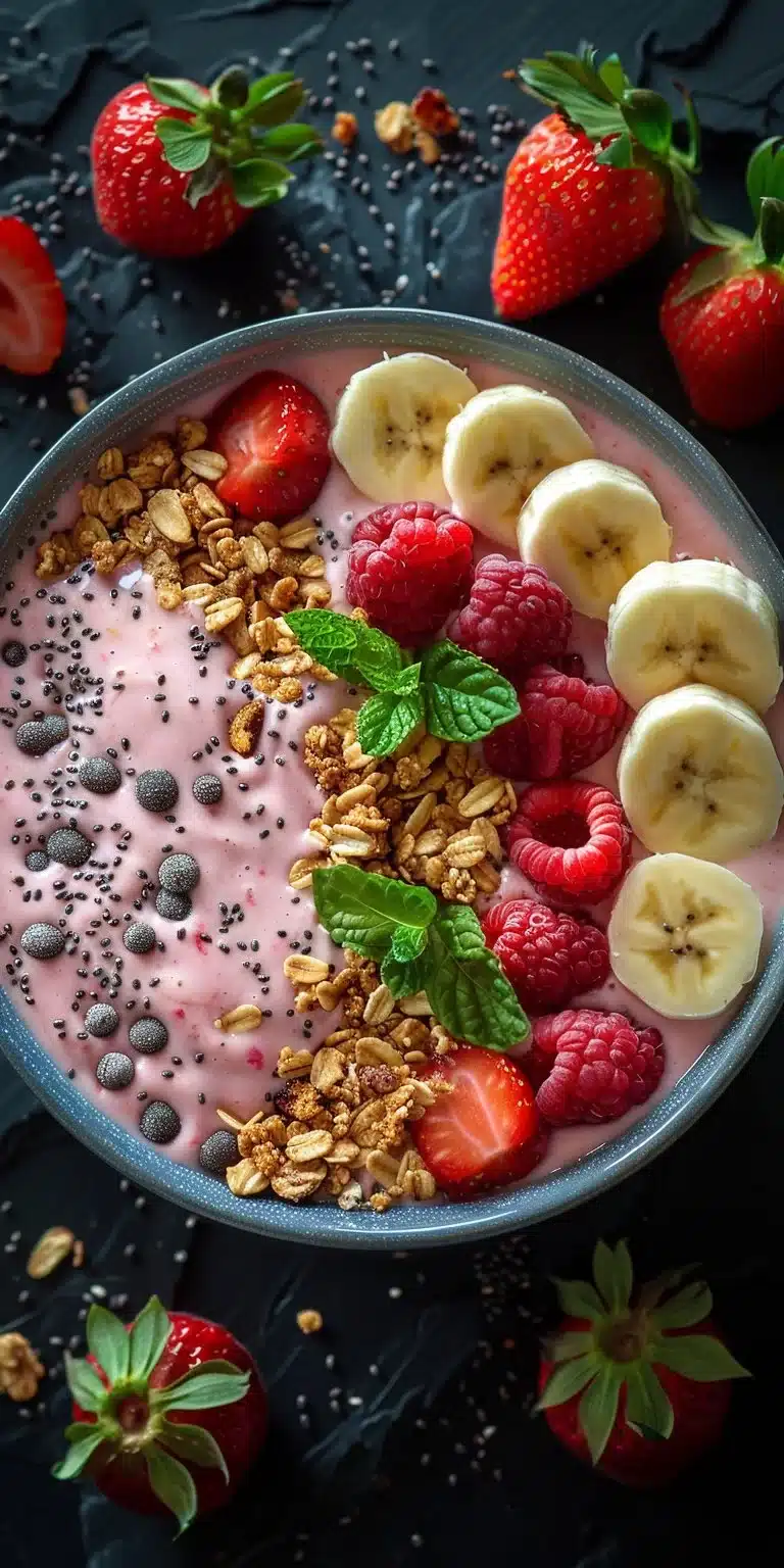 Delicious strawberry banana smoothie bowl topped with fresh fruits and granola.