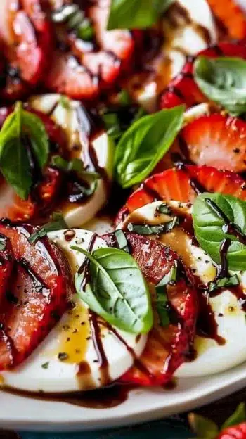 Strawberry Caprese Salad with fresh strawberries, mozzarella, and basil