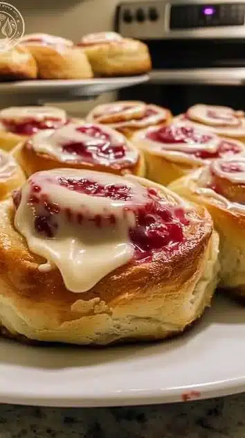 Strawberry cheesecake cinnamon rolls served on a plate, drizzled with icing