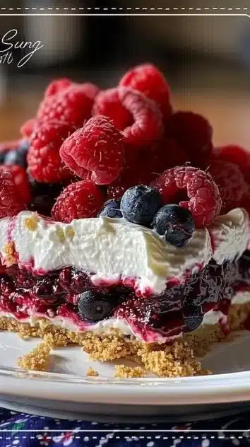 Delicious summer berry lasagna dessert with fresh berries and creamy layers