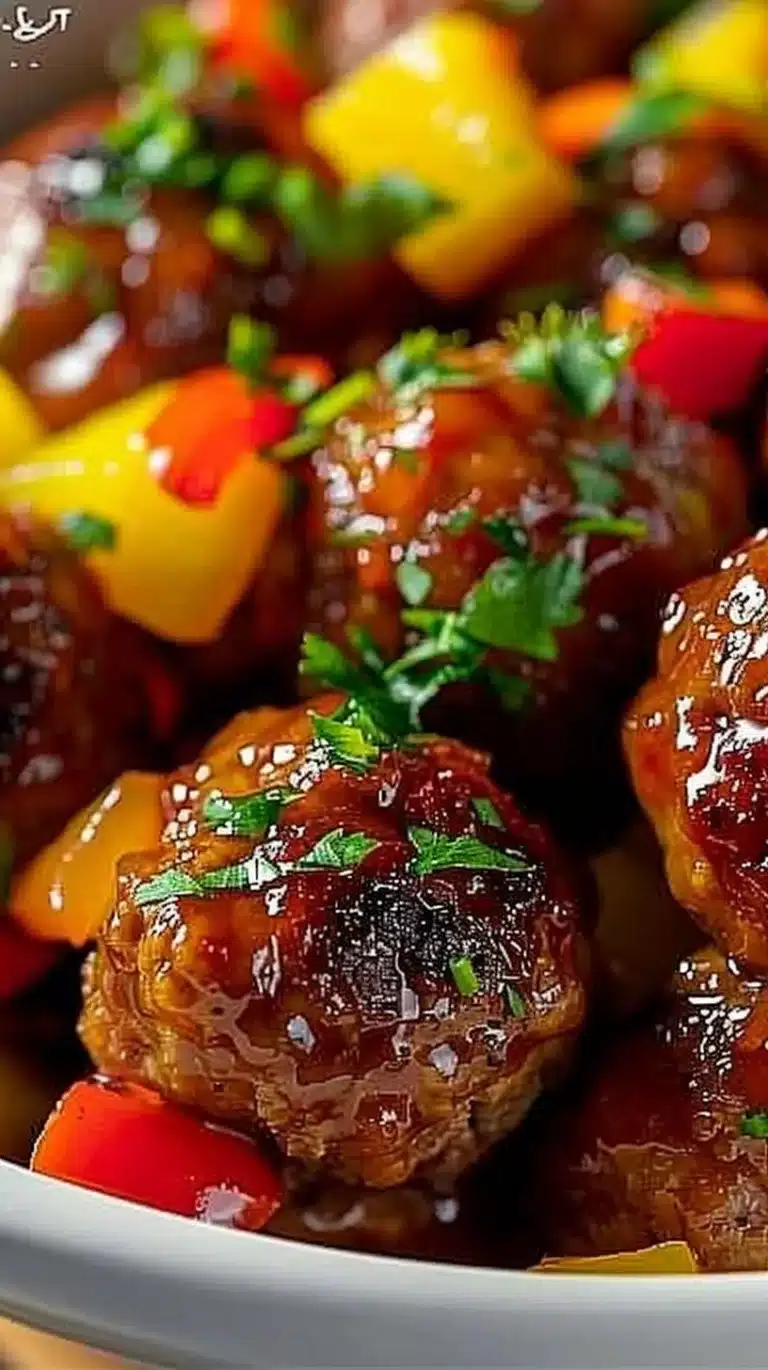 Plate of sweet and sour meatballs garnished with green onions.