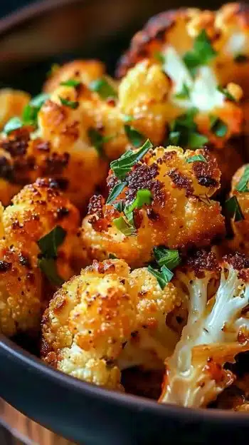 Sweet spicy baked cauliflower dish garnished with herbs