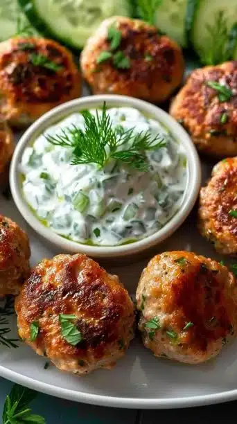 Plate of sweet and spicy glazed turkey meatballs garnished with herbs