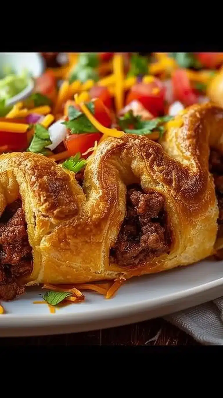 Deliciously baked Taco Ring served on a platter with toppings
