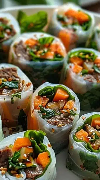 Delicious Thai Basil Beef Rolls served on a plate with fresh herbs and spices.