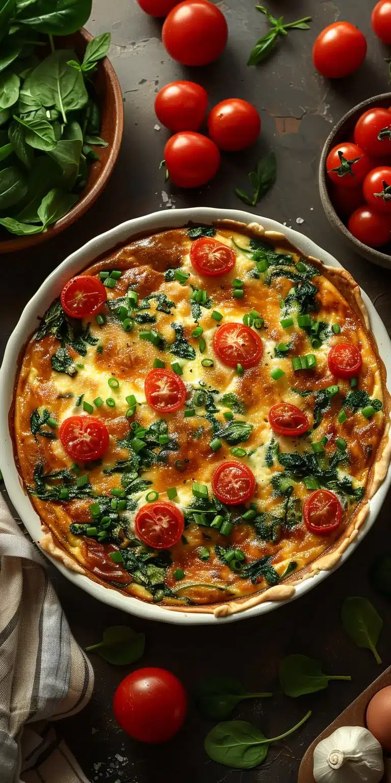 Delicious crustless cottage cheese spinach quiche served on a plate