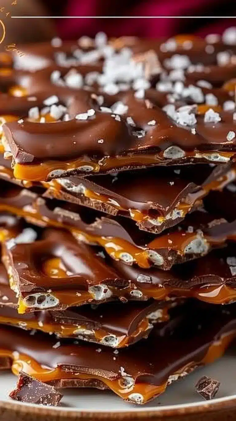 Delicious salted caramel pretzel bark topped with sea salt.