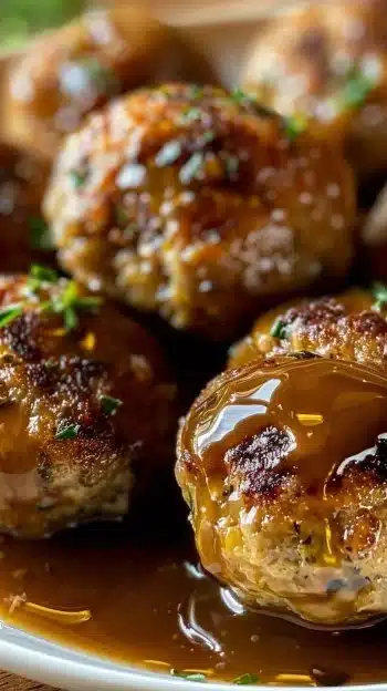 Savory turkey and stuffing balls served with gravy on a festive plate