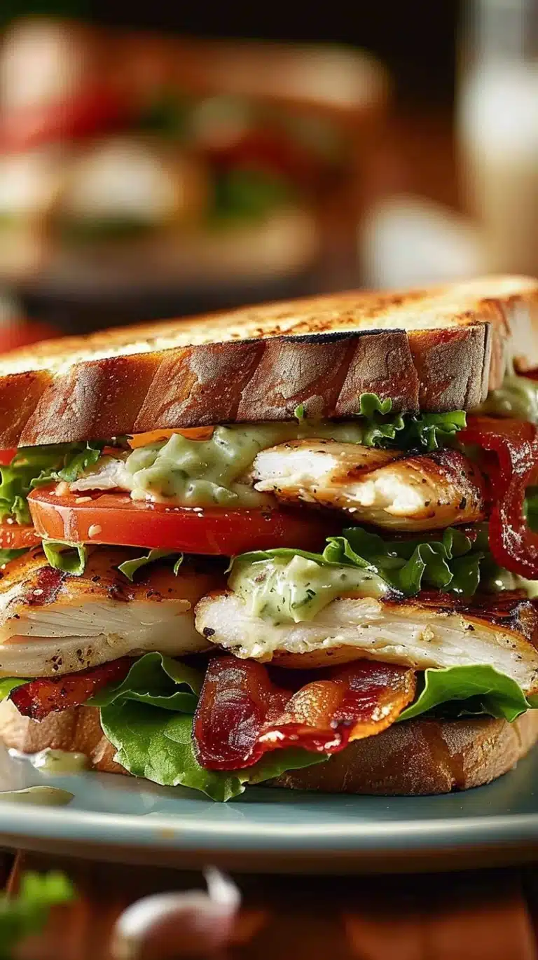Loaded Chicken Club Sandwich with beef bacon and avocado ranch spread