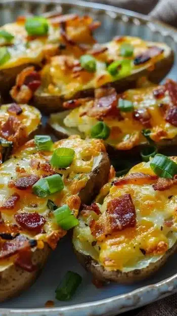 Delicious ultimate stuffed potato skins topped with cheese and bacon