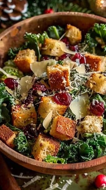 Christmas Kale Caesar Salad with Cranberry Croutons