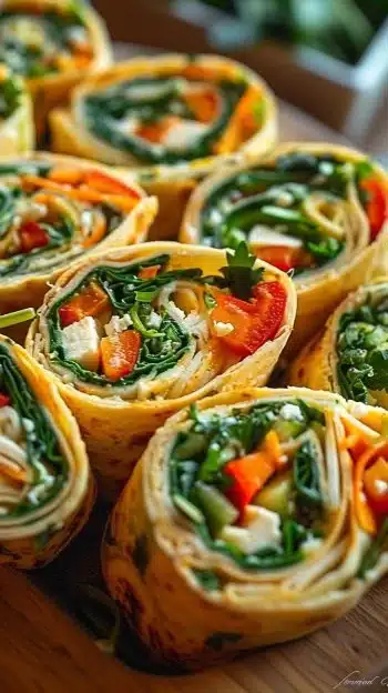 Colorful and healthy Vegetable Tortilla Roll Ups filled with fresh veggies
