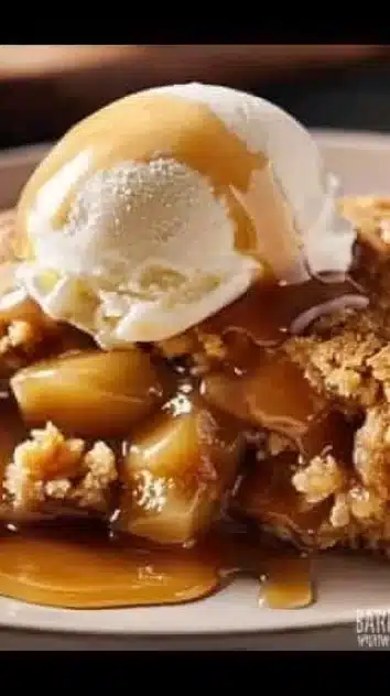 Warm caramel apple dump cake topped with caramel sauce and apple slices
