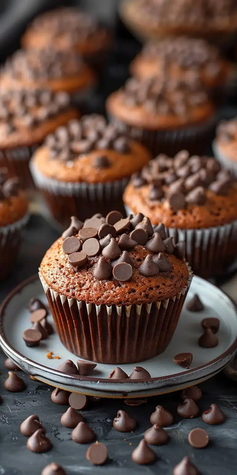 Warm gooey mini chocolate chip muffins on a rustic wooden table