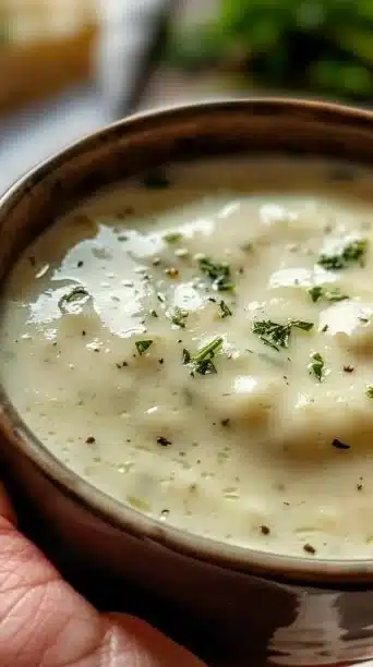 Creamy white garlic pizza sauce ready for use on a delicious pizza