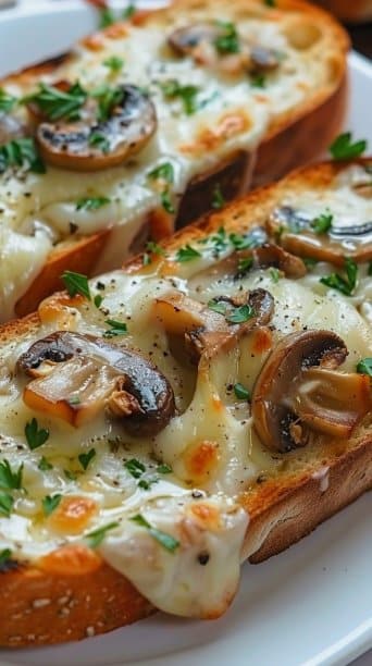 Gourmet Cheesy Mushroom and Garlic Toasts – A Savory Bite of Heaven