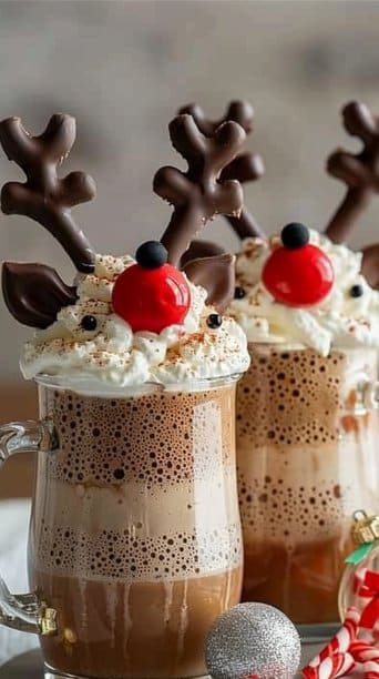 Reindeer Root Beer Floats with Chocolate Antlers