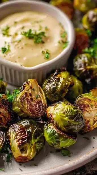 Addictive Crispy Brussels Sprouts with Creamy Dijon Aioli
