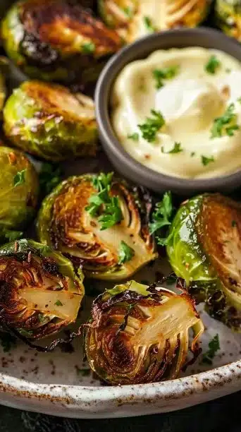 Addictive Crispy Brussels Sprouts with Creamy Dijon Aioli