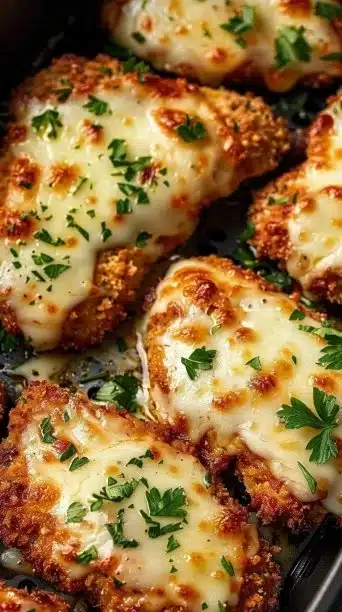 Air fryer chicken parmesan served with a side of pasta and basil garnish