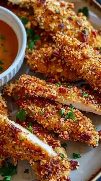 Crispy air fryer pecan crusted chicken tenders served on a plate