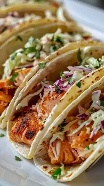 Delicious Air Fryer Salmon Tacos served with fresh toppings