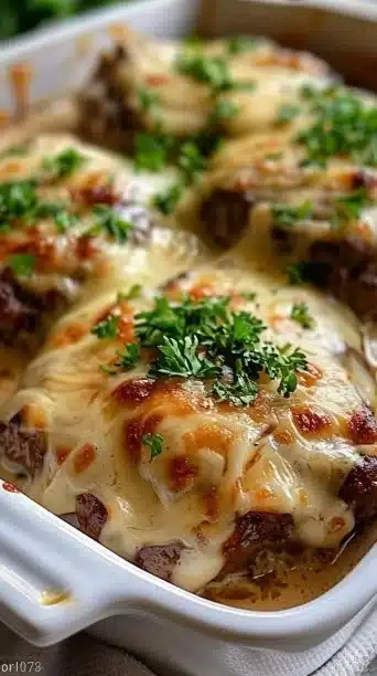 Amish Hamburger Steak Bake served with mashed potatoes and vegetables