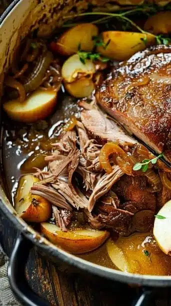 Delicious apple cider braised pork shoulder served with seasonal vegetables.