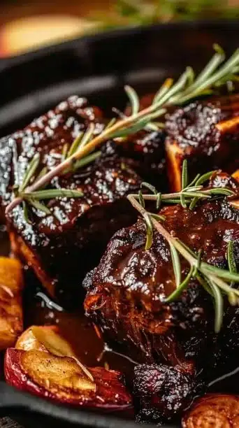 Delicious Apple Cider Short Ribs served with fresh herbs and vegetables