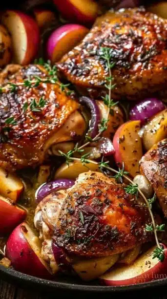 Delicious Autumn Harvest Chicken Skillet filled with seasonal vegetables and spices.