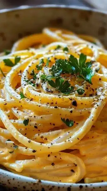 A plate of Autumn Harvest Creamy Pumpkin Alfredo Pasta topped with herbs and parmesan cheese.