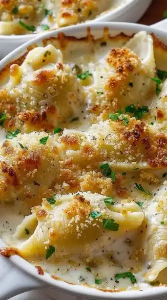 Baked Chicken Alfredo stuffed shells topped with cheese and herbs, ready to serve.