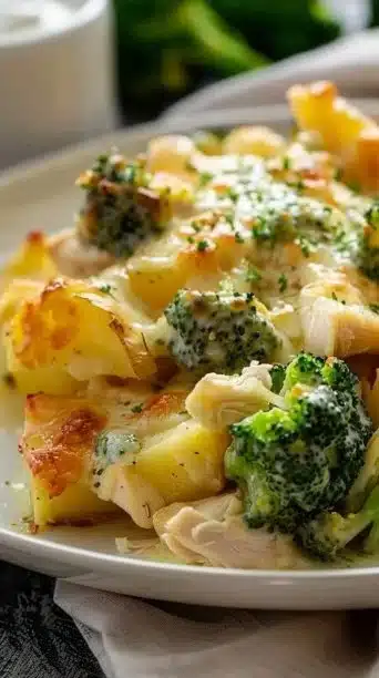 Baked potato chicken and broccoli casserole served in a dish