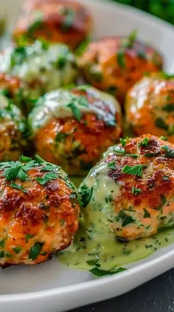 Baked Salmon Meatballs with Creamy Lemon-Dill Sauce
