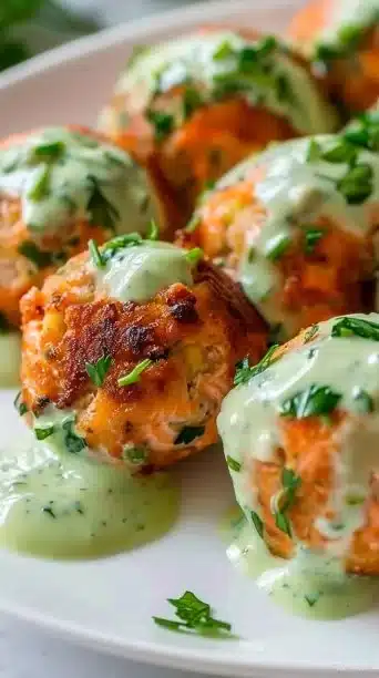 Baked Salmon Meatballs with Creamy Lemon-Dill Sauce