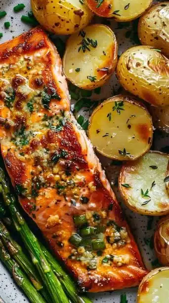Baked salmon with potatoes and asparagus in a vibrant one-pan dish
