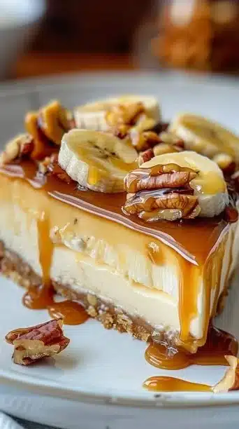 Slice of Banana Caramel Cheesecake with banana slices and caramel drizzle