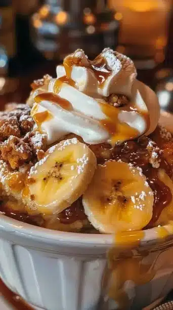Delicious Bananas Foster Cobbler topped with ice cream and caramel sauce