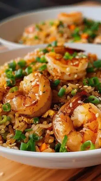Plate of Bang Bang Fried Rice garnished with vegetables and herbs