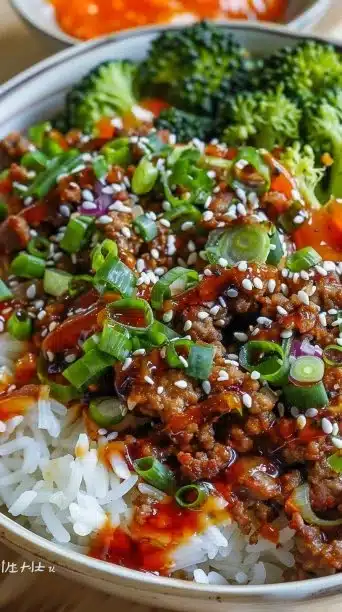 Bang Bang Ground Turkey Rice Bowl topped with vegetables and sauce