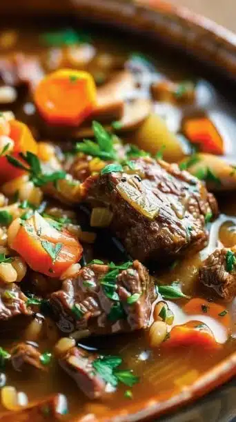 A bowl of hearty beef barley soup with vegetables and tender beef.
