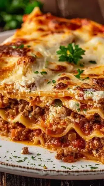 Delicious beef lasagna with cheesy layers, perfect comfort food dish.