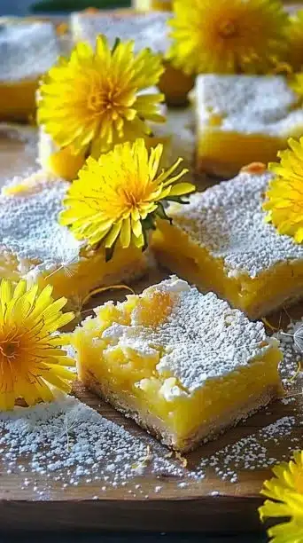 Homemade dandelion lemon bars with fresh dandelion greens and lemon zest
