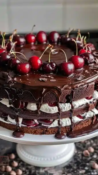 Slice of Black Forest Cherry Cake with chocolate layers and cherries on top.