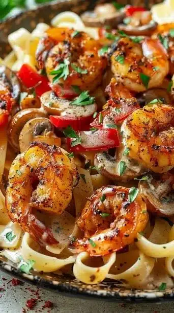 Plate of Blackened Shrimp Stroganoff garnished with herbs.