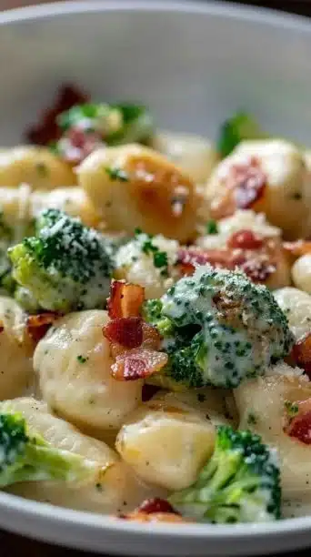 Delicious Boursin gnocchi with beef, bacon, and broccoli in a creamy sauce