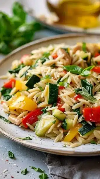 Boursin Orzo Bake with Chicken and Veggies topped with cheese